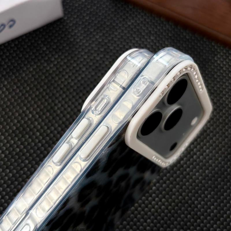 Stylish 3D Rhinestone Edge Frame Phone Case with Textured Zebra & Leopard Pattern for iPhone 17/16/15 Pro Max - Unique Protective Cover