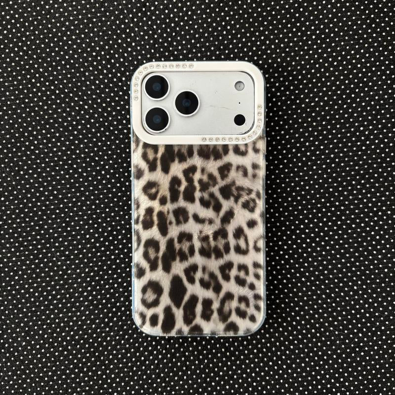 Stylish 3D Rhinestone Edge Frame Phone Case with Textured Zebra & Leopard Pattern for iPhone 17/16/15 Pro Max - Unique Protective Cover