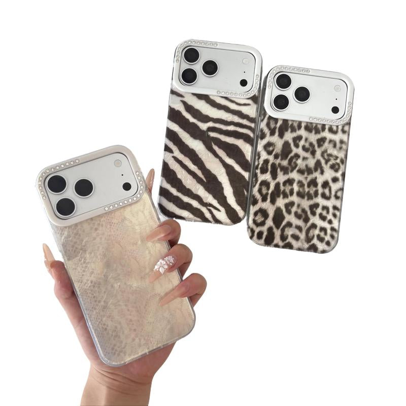 Stylish 3D Rhinestone Edge Frame Phone Case with Textured Zebra & Leopard Pattern for iPhone 17/16/15 Pro Max - Unique Protective Cover