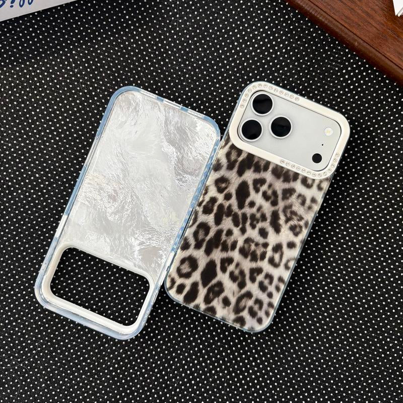 Stylish 3D Rhinestone Edge Frame Phone Case with Textured Zebra & Leopard Pattern for iPhone 17/16/15 Pro Max - Unique Protective Cover