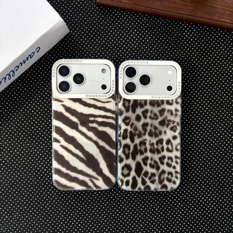 Stylish 3D Rhinestone Edge Frame Phone Case with Textured Zebra & Leopard Pattern for iPhone 17/16/15 Pro Max - Unique Protective Cover