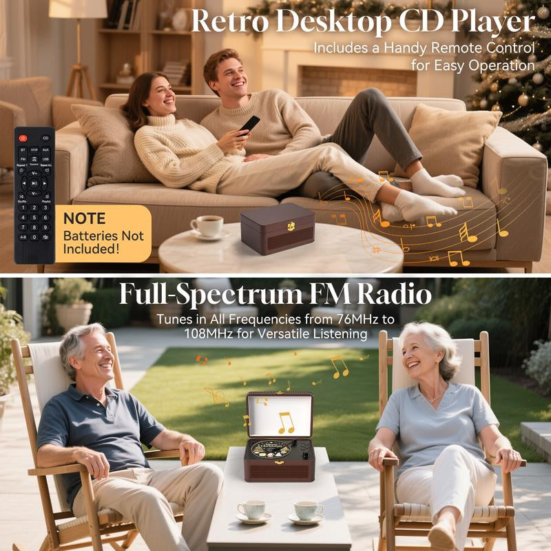 Gueray Retro Bluetooth CD Player - Portable Vintage Music System with Rechargeable Battery, Radio, Remote Control, USB/AUX, and Headphone Jack
