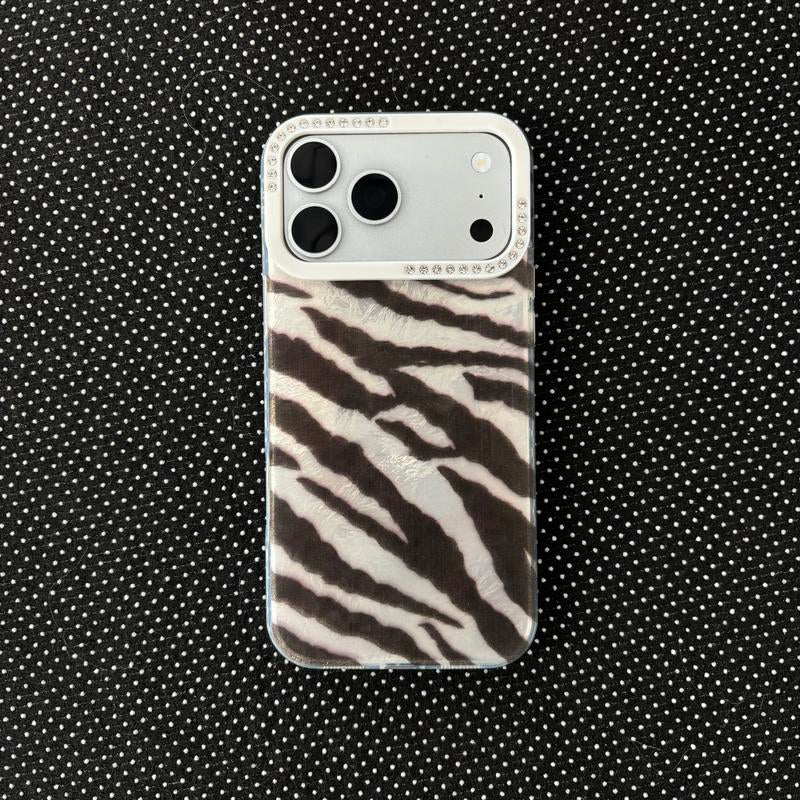 Stylish 3D Rhinestone Edge Frame Phone Case with Textured Zebra & Leopard Pattern for iPhone 17/16/15 Pro Max - Unique Protective Cover