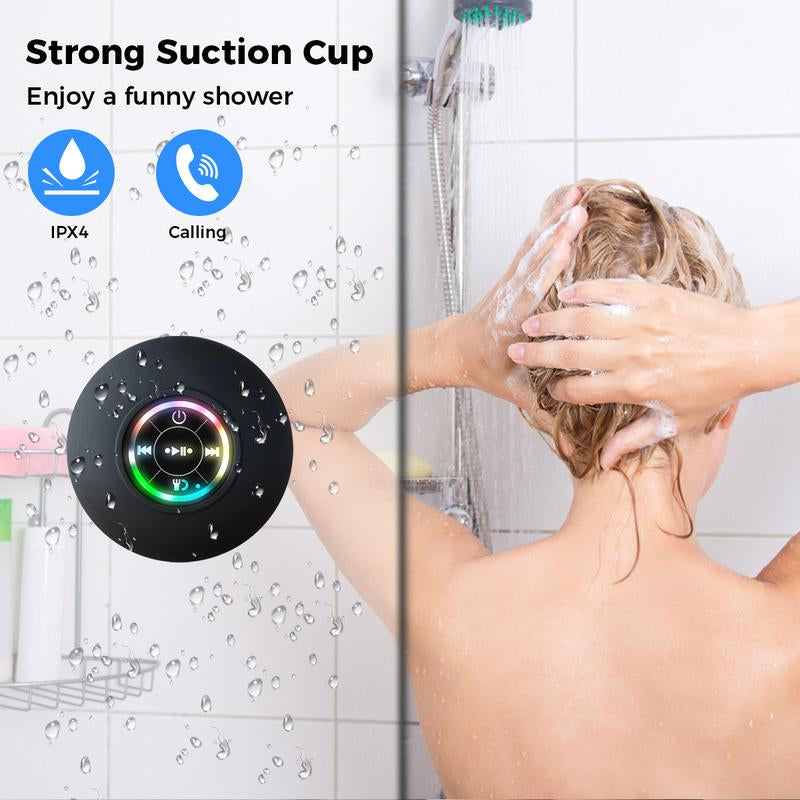 Waterproof Speaker Portable Suction Cup with LED Lights Rechargeable Bluetooth-Compatible for Home Bathroom Outdoor Shower Black Wireless Speaker，Hands-Free